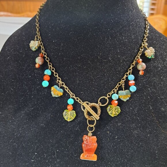 Handmade Carnelian Necklace fancy sapphire Czech glass stone owl 17" bronze tone